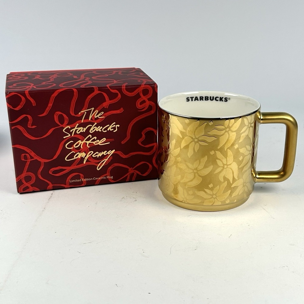 Starbucks Poinsettia Gold Ceramic Mug 14 oz Red Holiday Gift Box NIB 2025